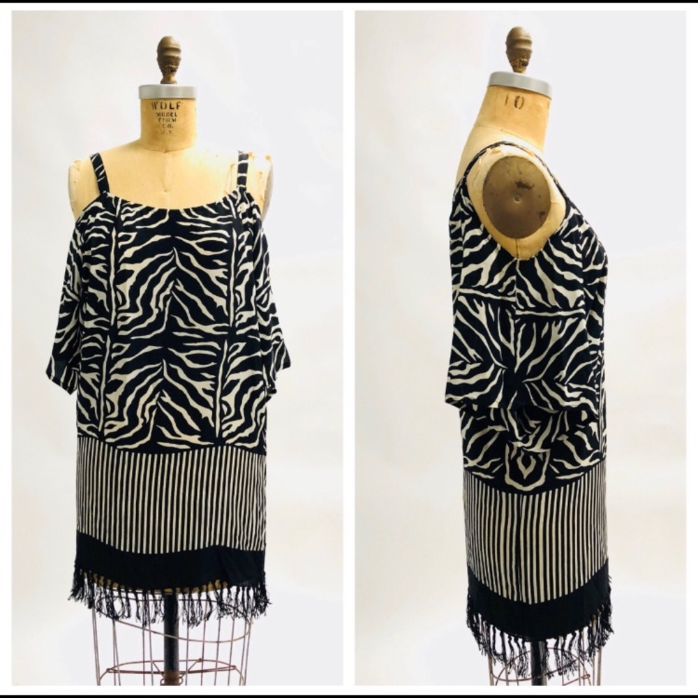 Vintage Silk Fringe Zebra Cold Shoulder Dress